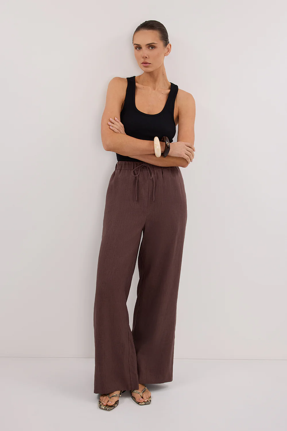GINA CHOC LINEN ELASTIC WAIST PANT - Gamepaces