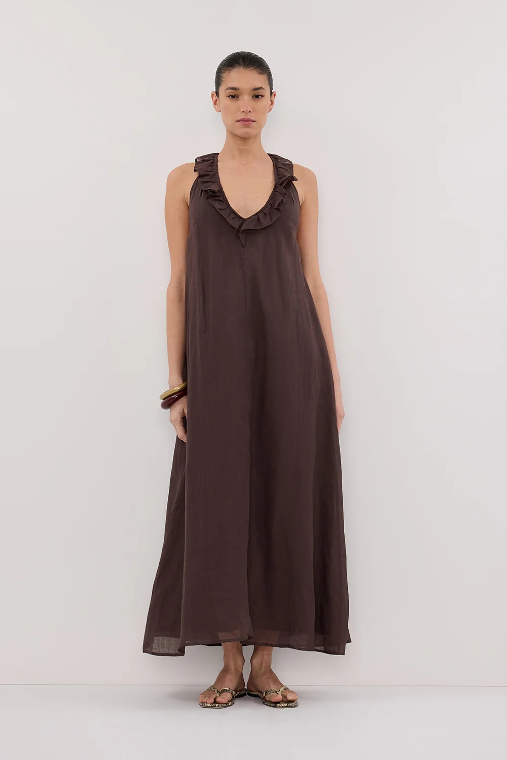 HAZEL DARK CHOC RAMIE SLEEVELESS MIDI DRESS - Gamepaces
