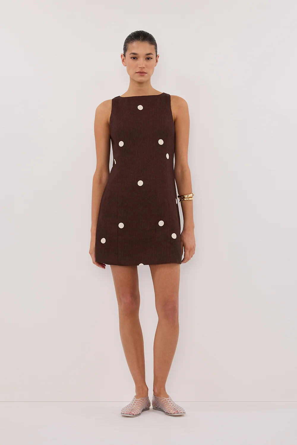BEVERLY BITTER CHOC SPOT LINEN MINI DRESS - Gamepaces