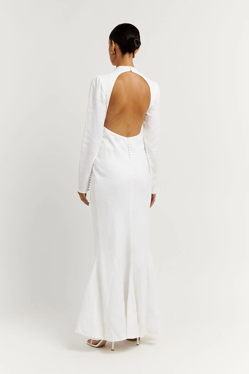 AISLE WHITE LINEN SLEEVE MIDI DRESS - Gamepaces