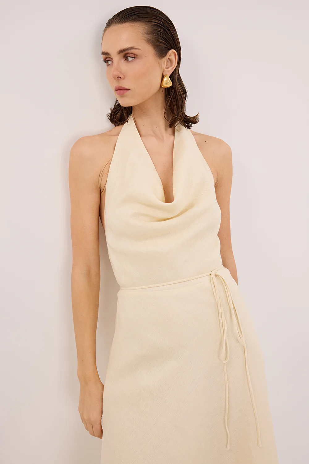HAYLEE STRAW SLEEVELESS LINEN COWL DRESS - Gamepaces