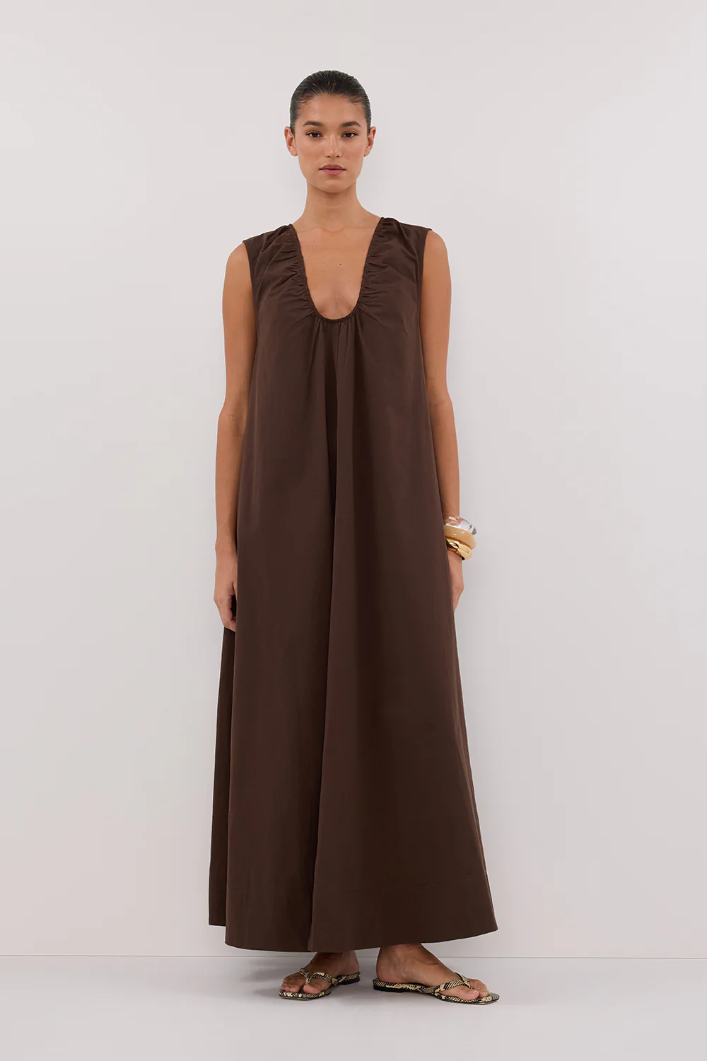 GABBY BITTER CHOC OVERSIZED COTTON MIDI DRESS - Gamepaces