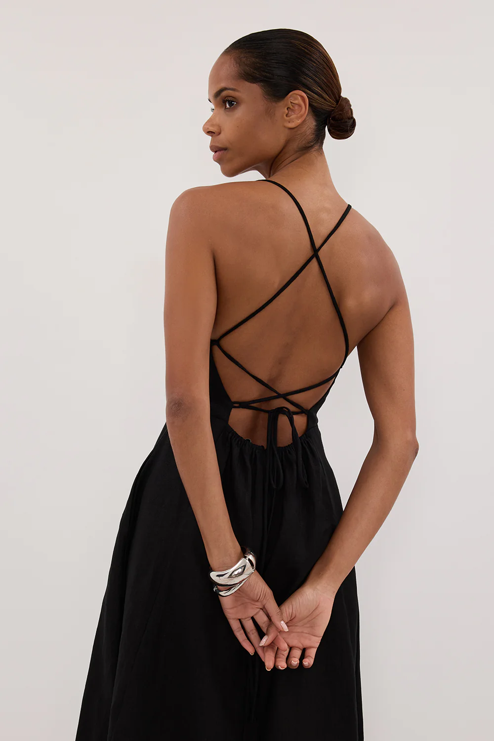 DANIELLA BLACK LINEN TIE BACK MIDI DRESS - Gamepaces