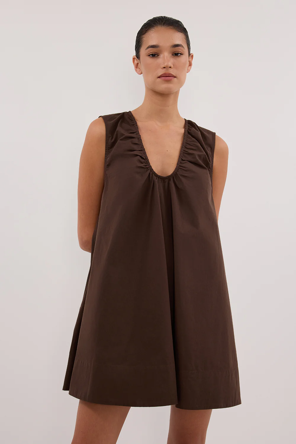 GABBY BITTER CHOC OVERSIZED COTTON MINI DRESS - Gamepaces