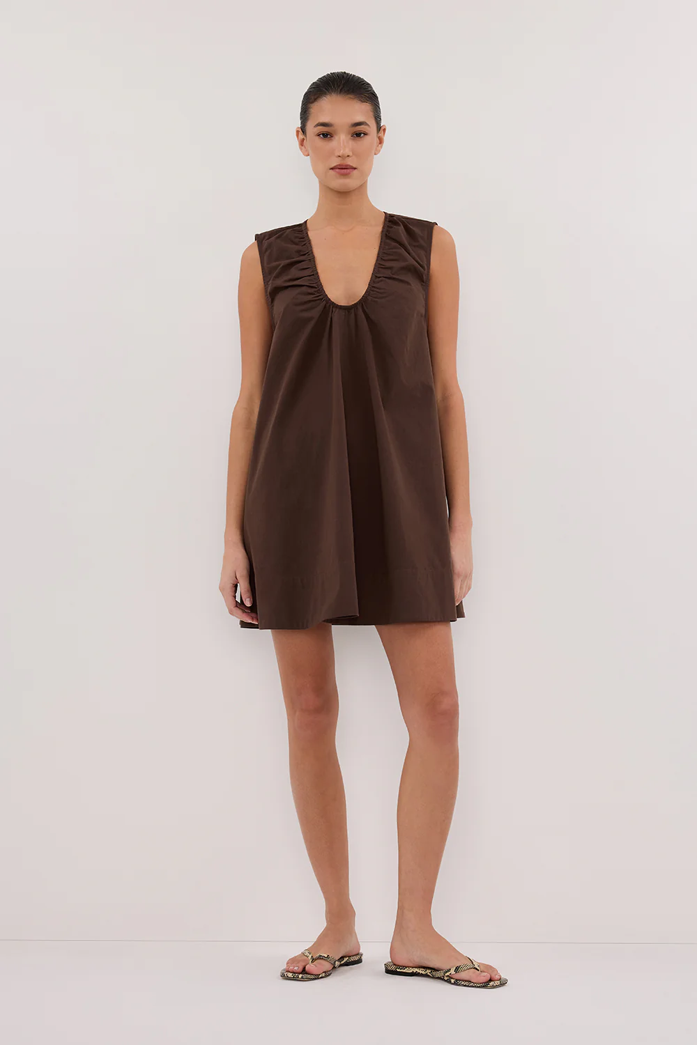 GABBY BITTER CHOC OVERSIZED COTTON MINI DRESS - Gamepaces