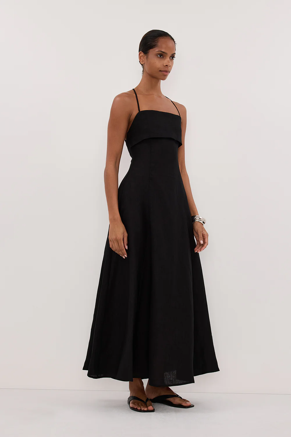 DANIELLA BLACK LINEN TIE BACK MIDI DRESS - Gamepaces