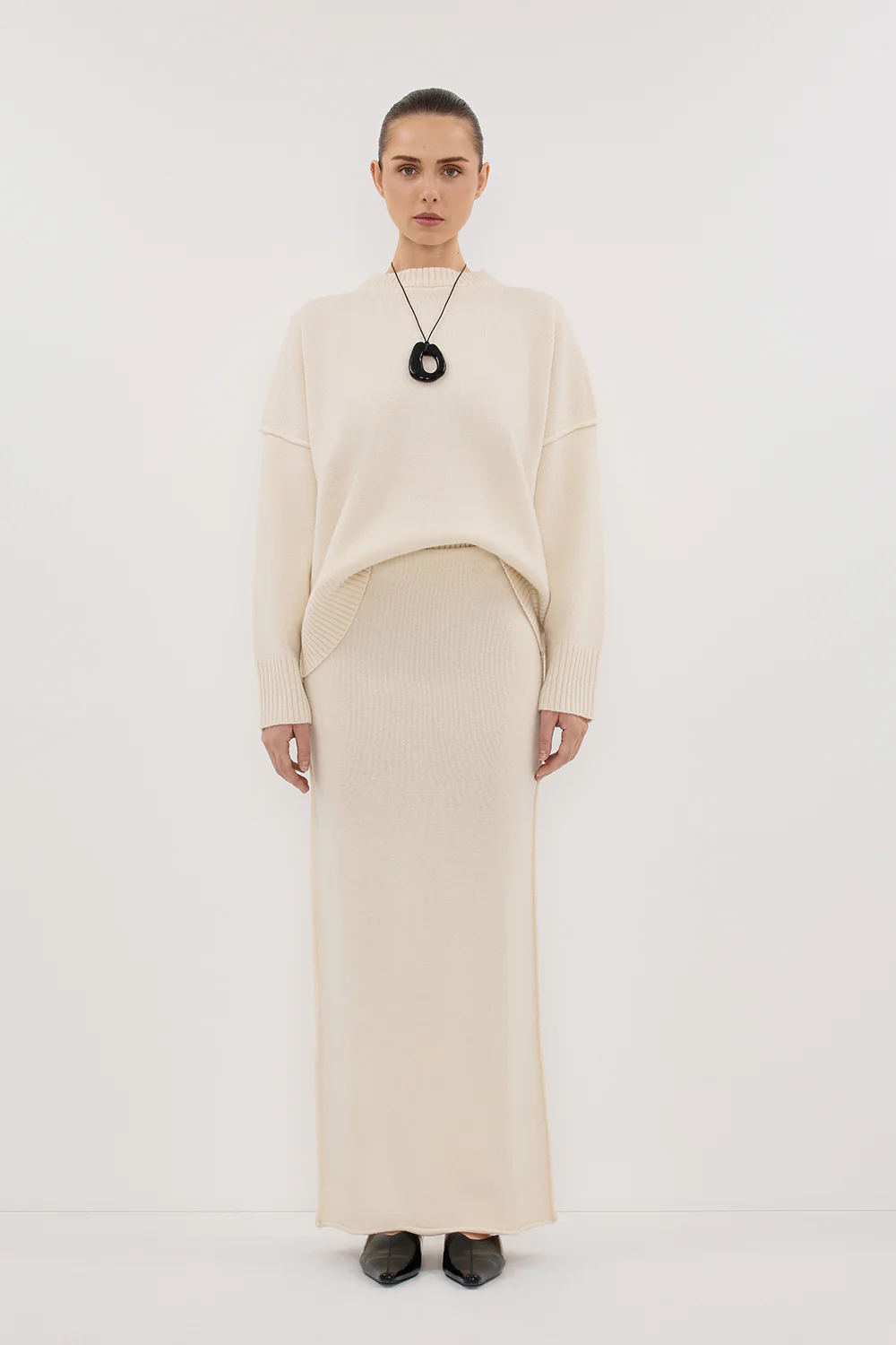 PAIGE CREAM WOOL KNIT MIDI SKIRT - Gamepaces