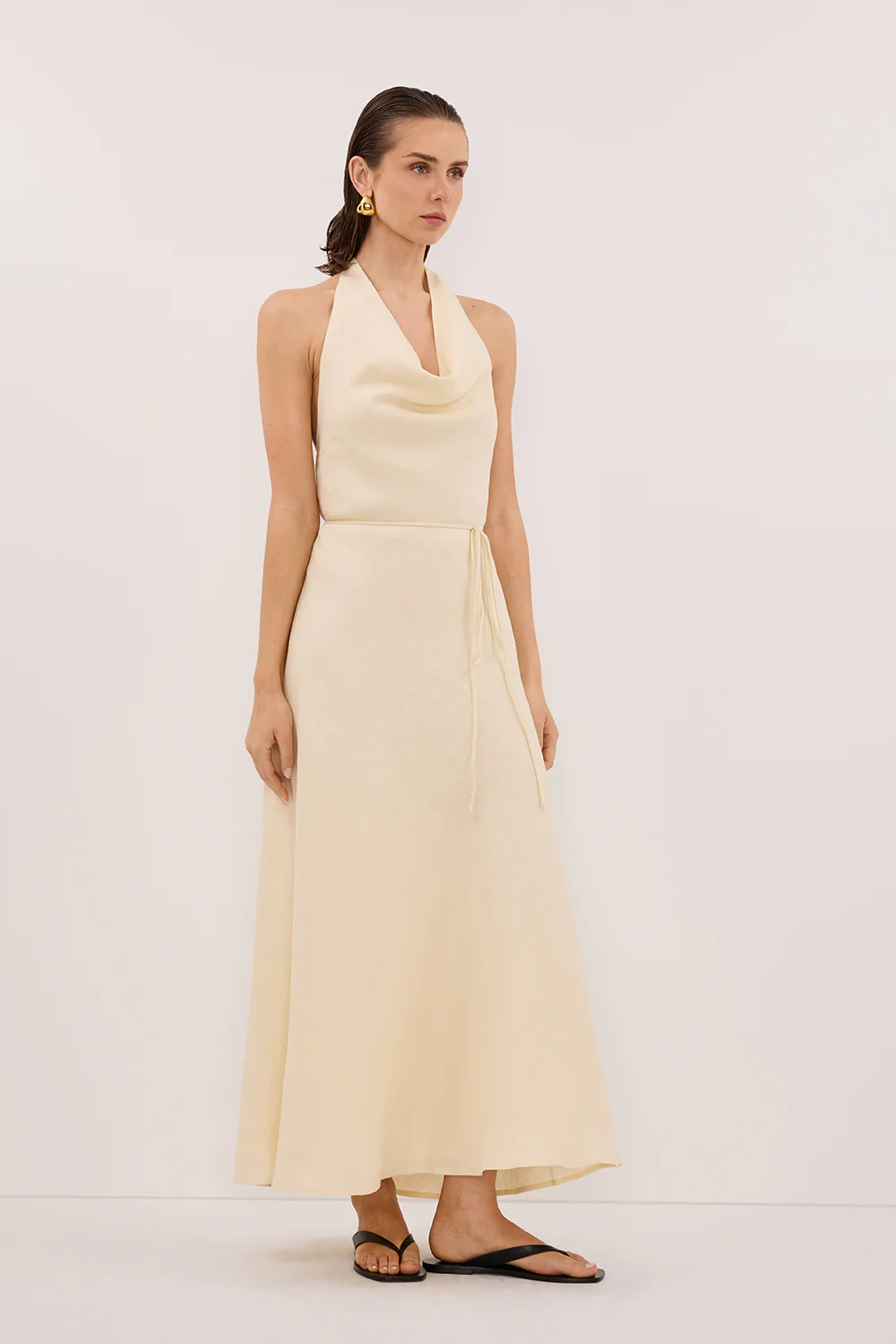 HAYLEE STRAW SLEEVELESS LINEN COWL DRESS - Gamepaces