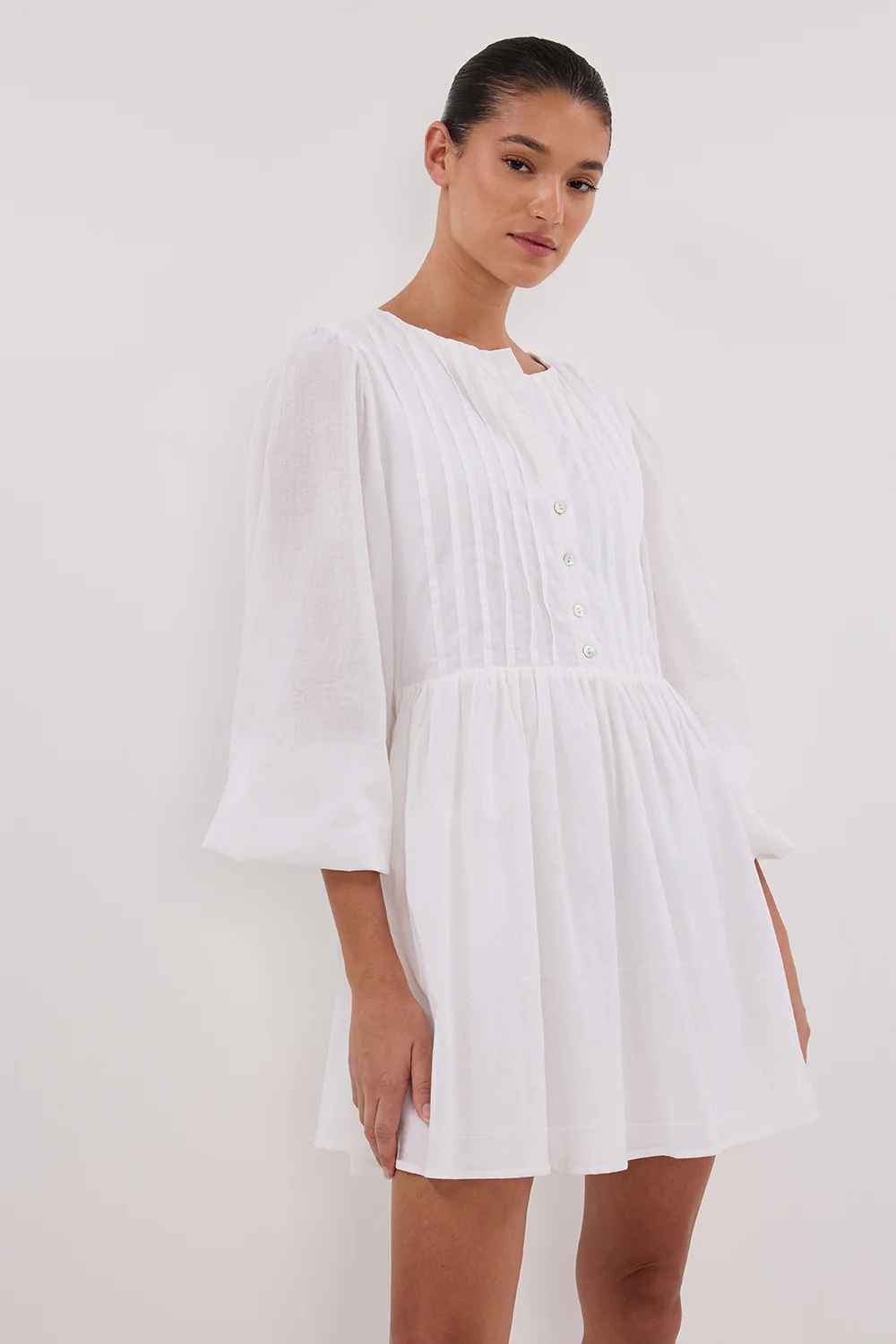 LARS WHITE BUTTON LONG SLEEVE LINEN MINI DRESS - Gamepaces