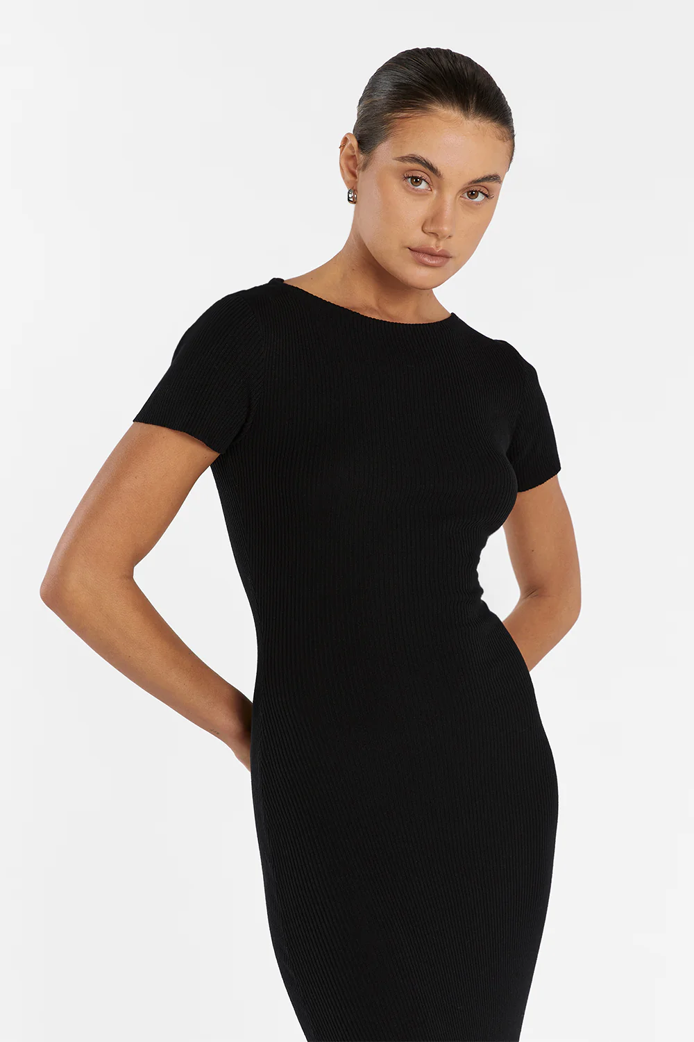 MAX BLACK BOAT NECK KNIT MIDI DRESS - Gamepaces