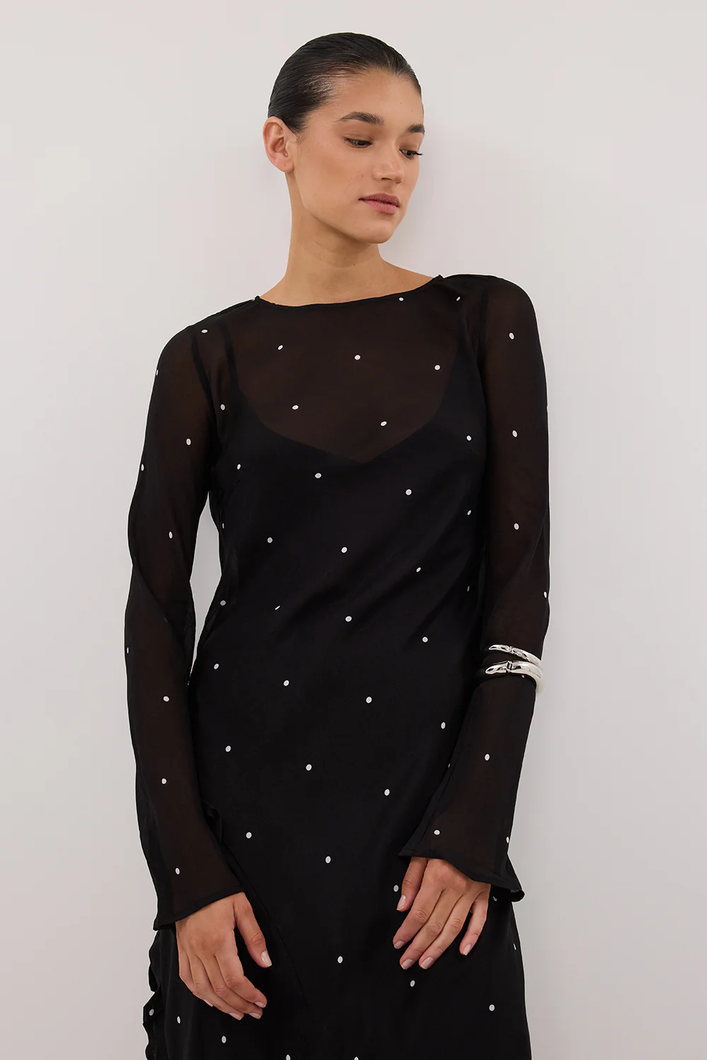 MELROSE BLACK SPOT LONG SLEEVE MAXI DRESS - Gamepaces