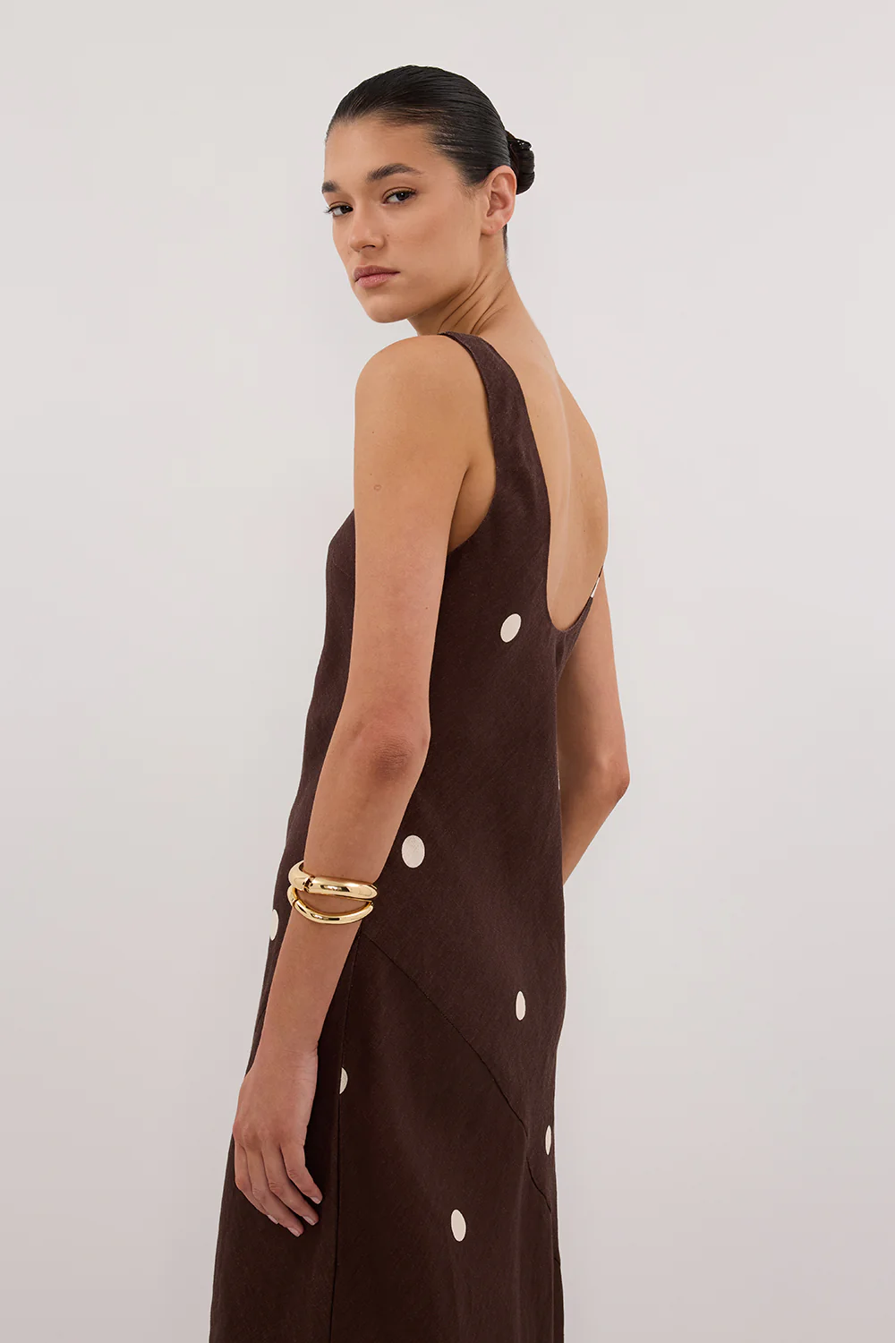 BEVERLY BITTER CHOC SPOT LINEN MIDI DRESS - Gamepaces