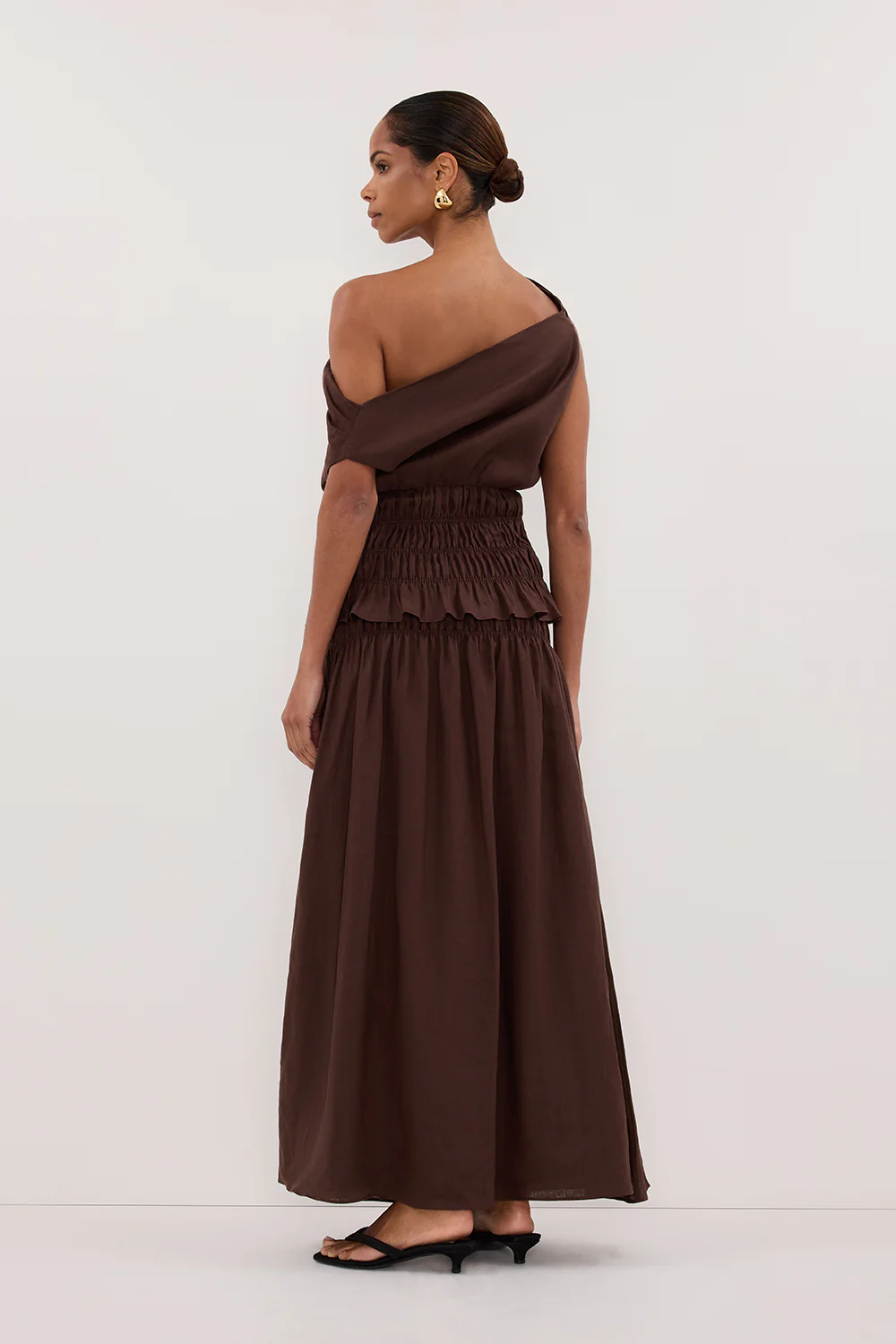MAIA COCOA LINEN SHIRRED MIDI SKIRT - Gamepaces