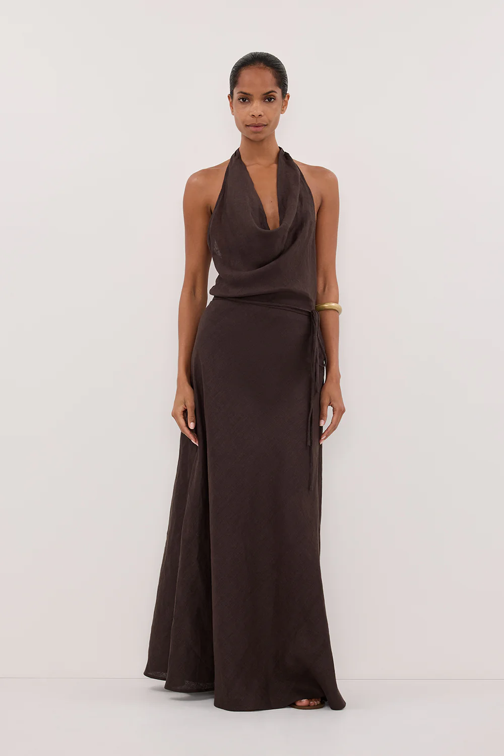 HAYLEE BURNT CHOC SLEEVELESS LINEN COWL DRESS - PRE ORDER - Gamepaces