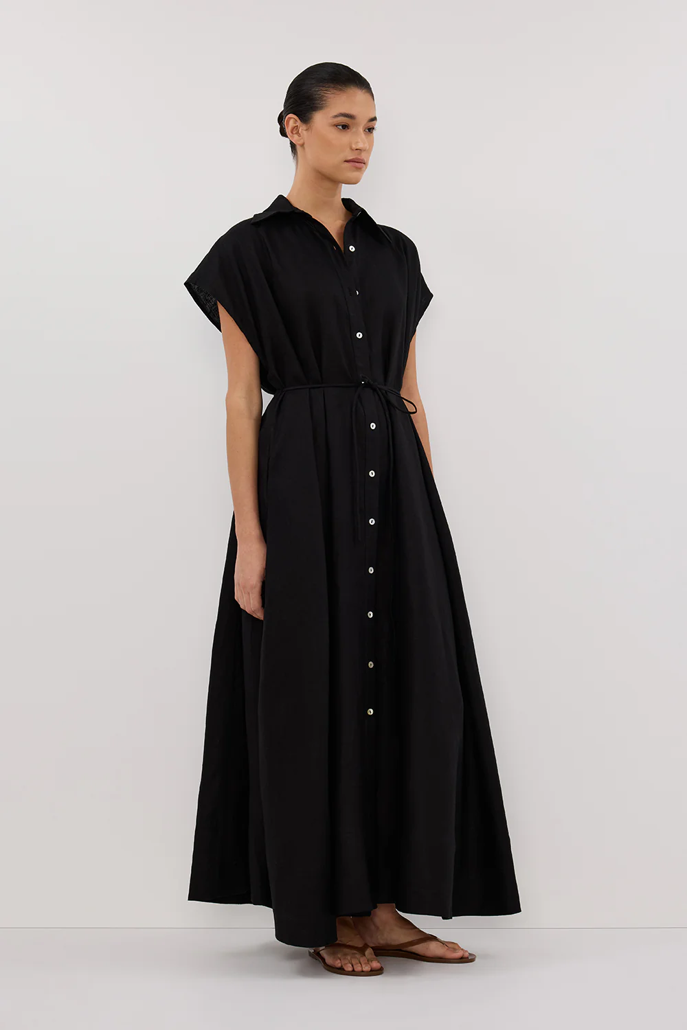 LANA BLACK LINEN MIDI SHIRT DRESS - Gamepaces