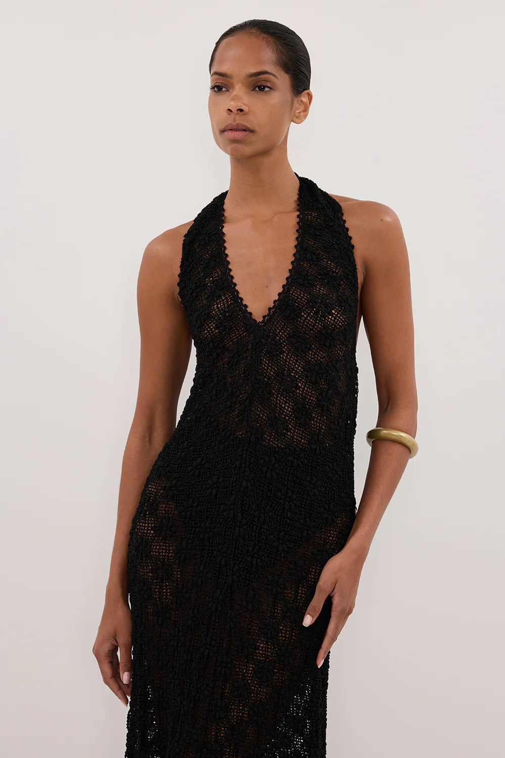 AGNES BLACK CROCHET HALTER MIDI DRESS - Gamepaces
