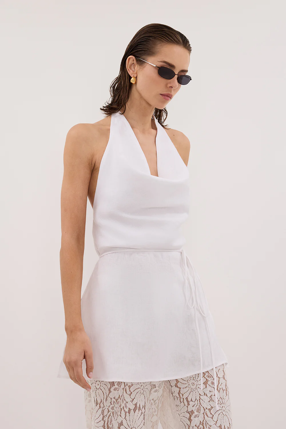 HAYLEE WHITE SLEEVELESS LINEN COWL TOP - Gamepaces