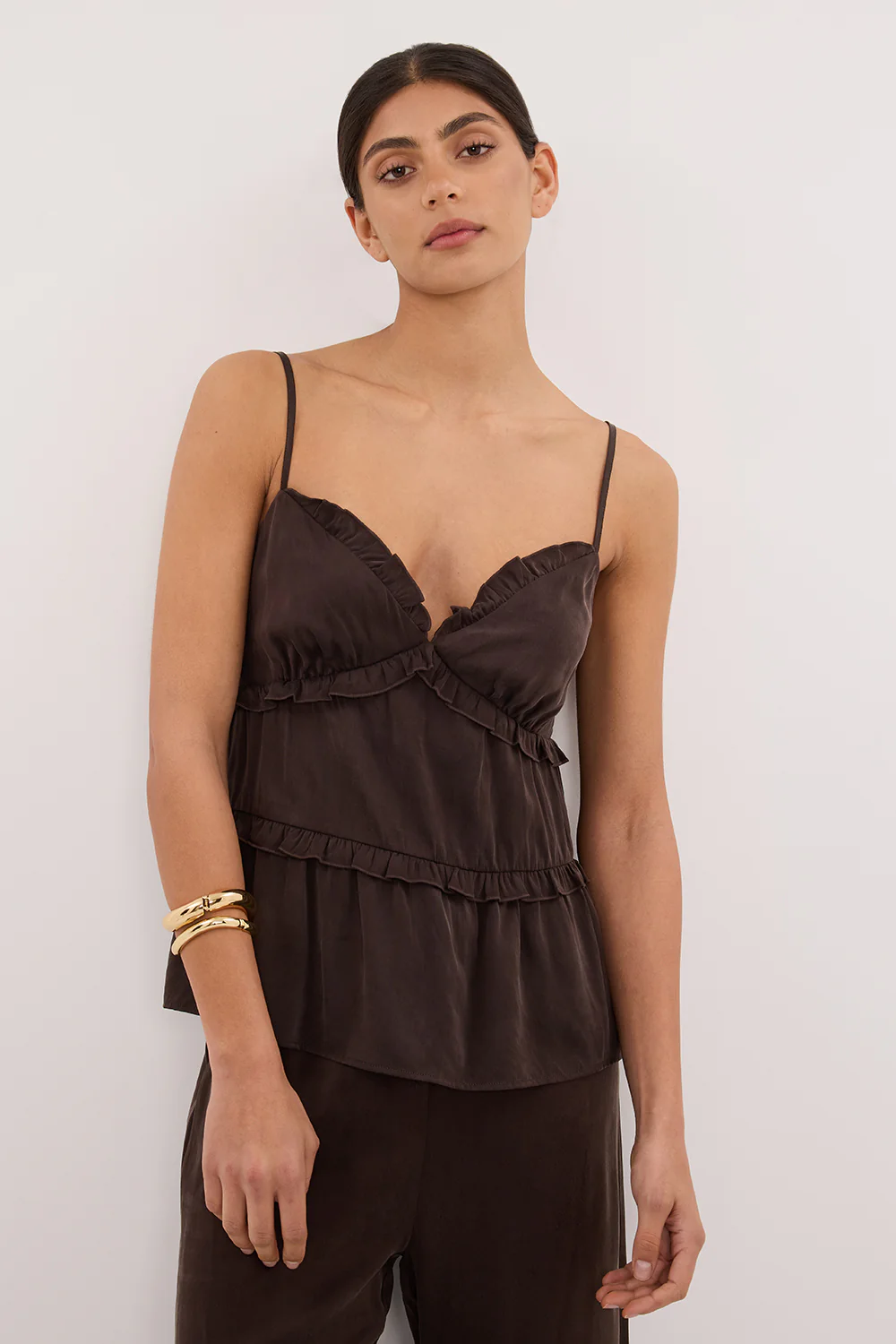 LENA BITTER CHOC SILK SLEEVELESS FRILL TOP - Gamepaces