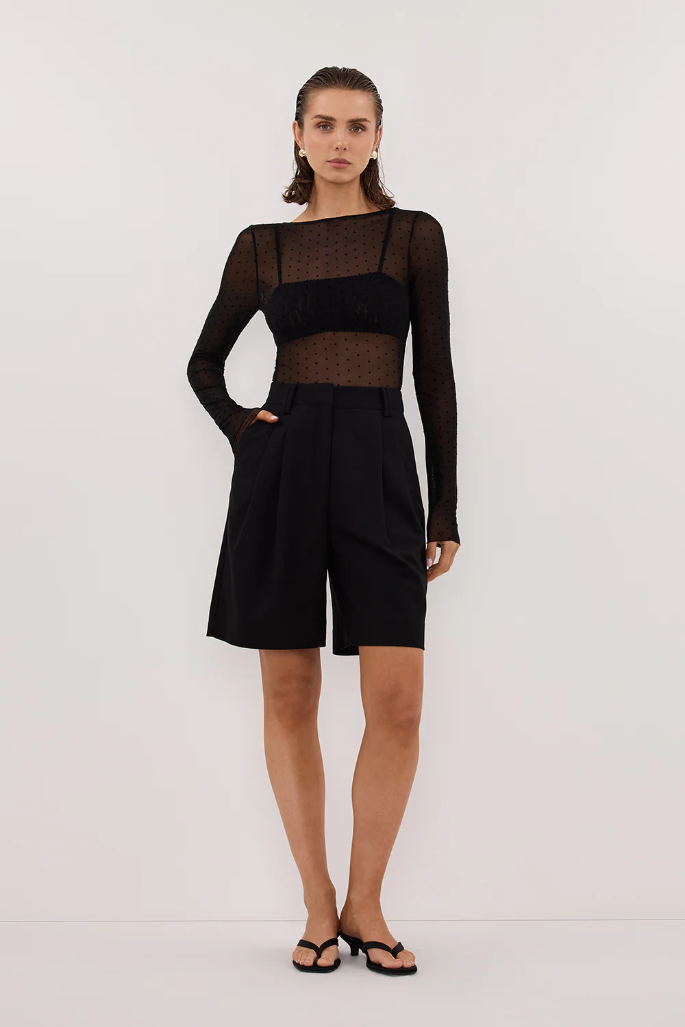 MAE BLACK MESH SPOT LONG SLEEVE TOP - Gamepaces