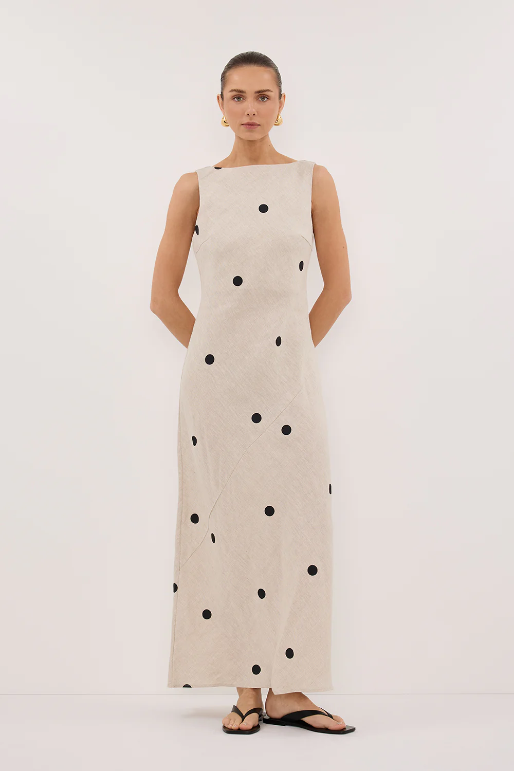 BEVERLY NATURAL SPOT LINEN MIDI DRESS - Gamepaces