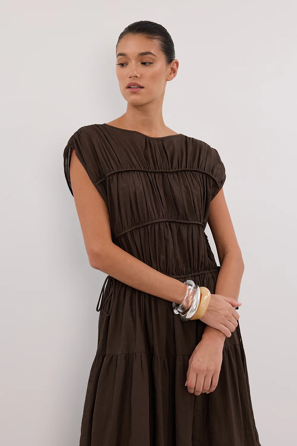 FLYNN BITTER CHOC LINEN BLEND MIDI DRESS - Gamepaces