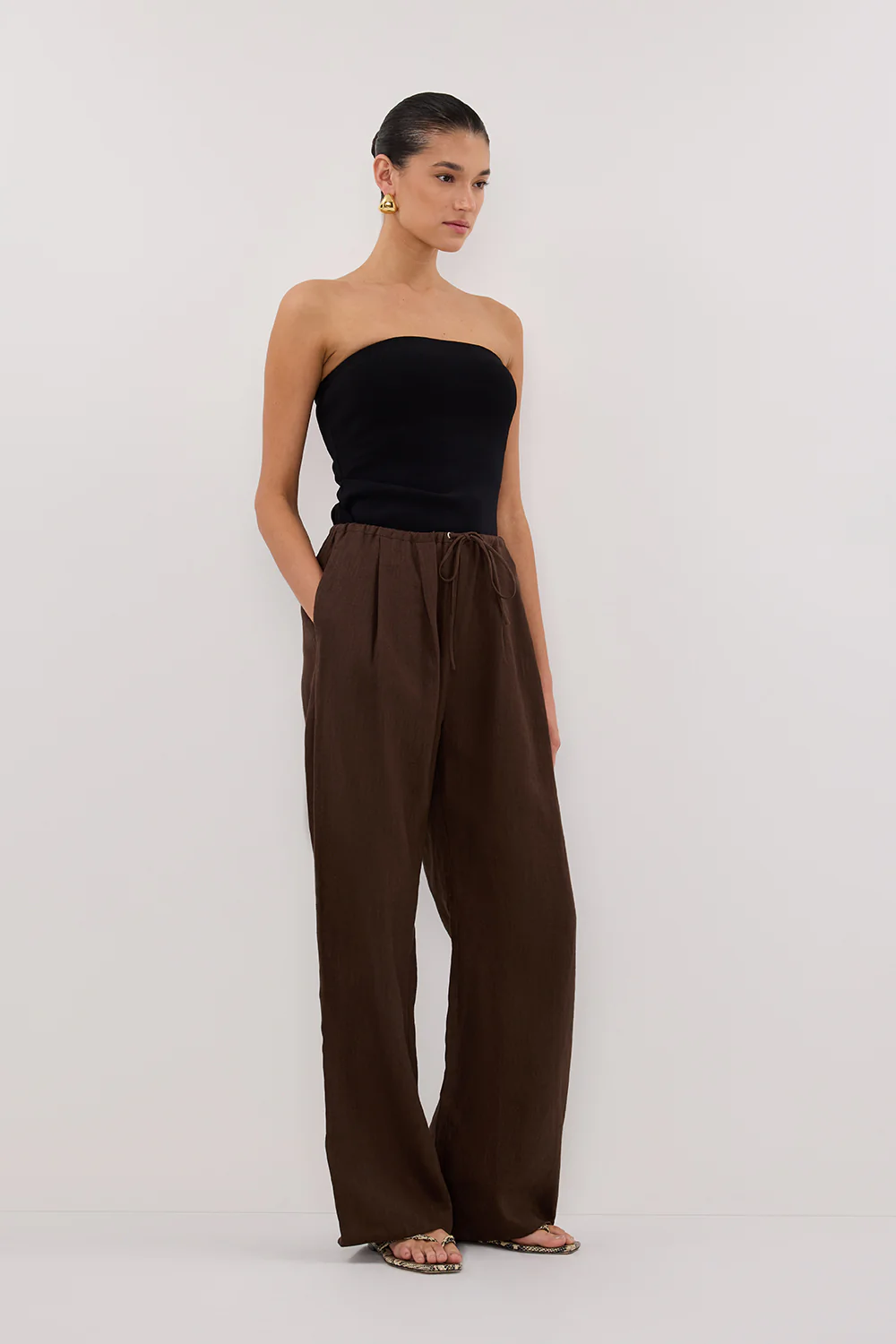 CARLA BITTER CHOC DRAWSTRING LINEN PANT - Gamepaces