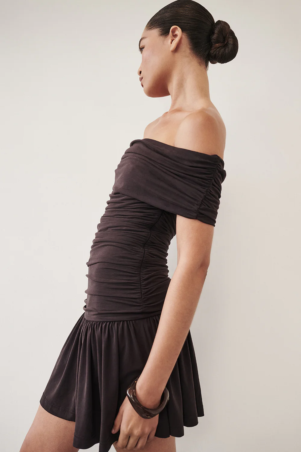 FEZ BURNT CHOC OFF SHOULDER MINI DRESS - Gamepaces