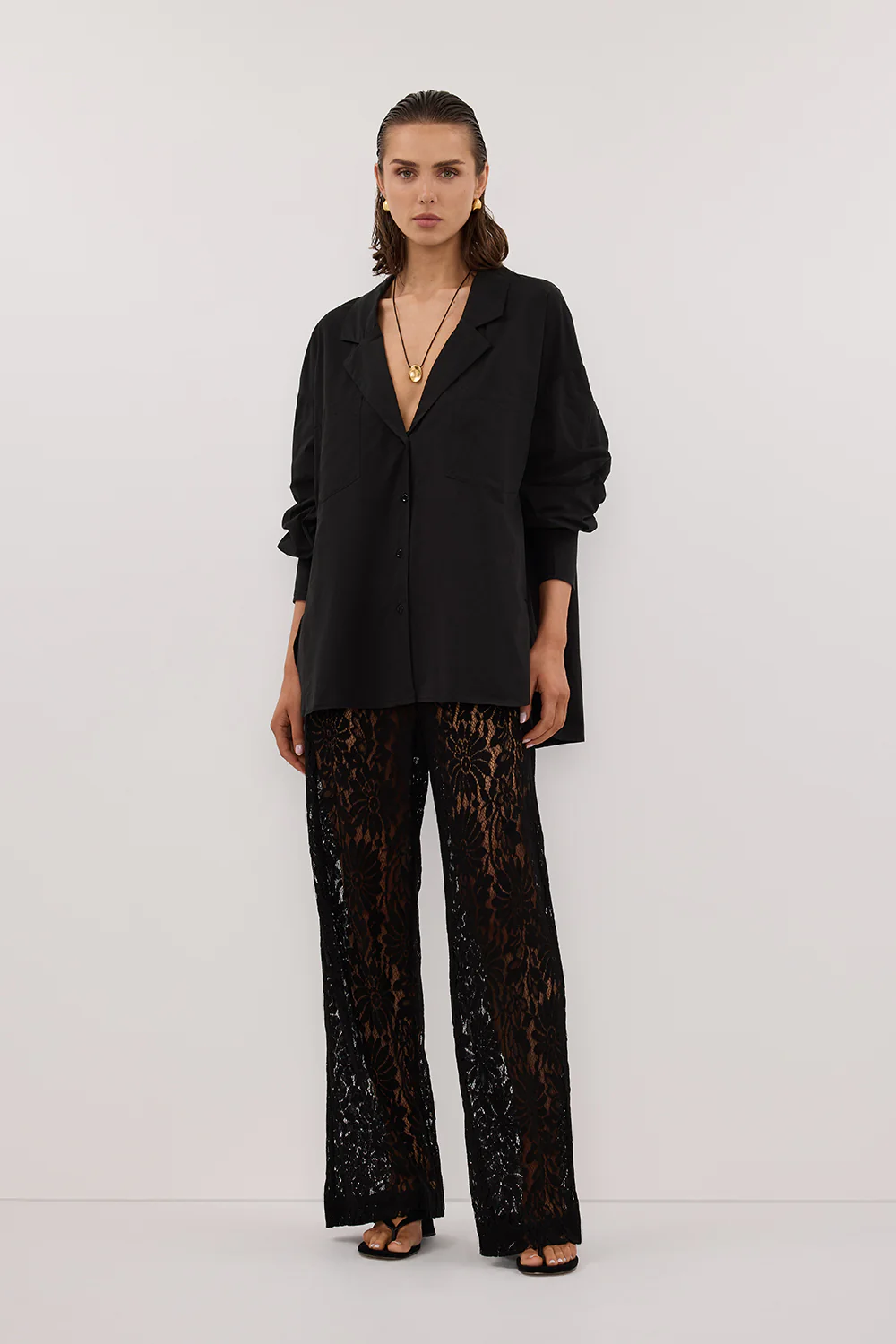 IRENE BLACK LONG SLEEVE NOTCH COLLAR SHIRT - Gamepaces