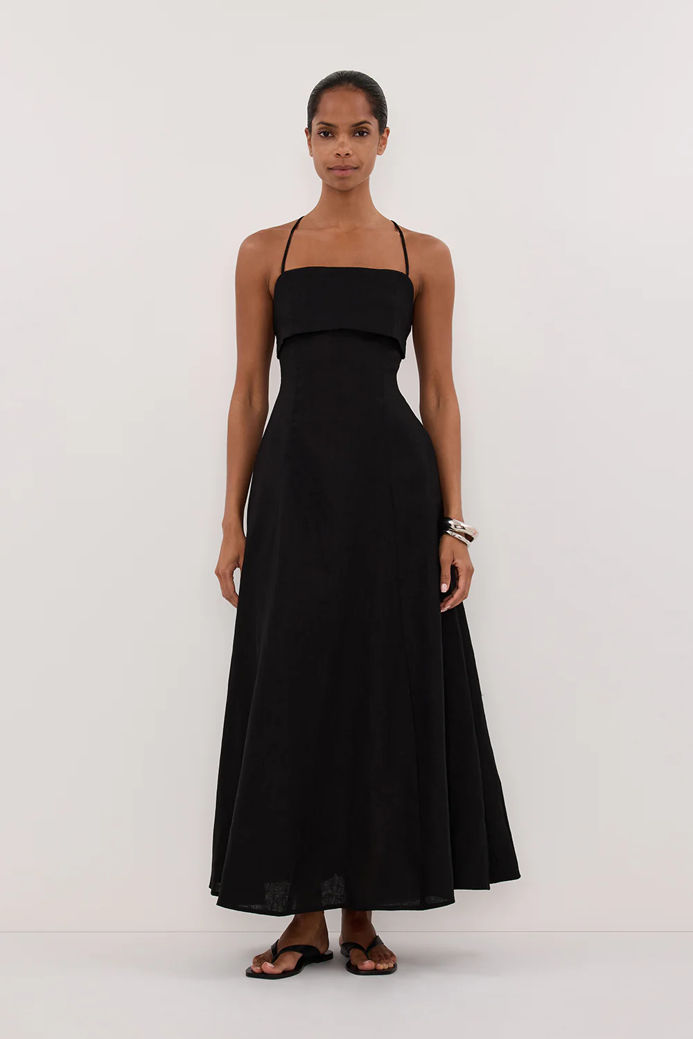 DANIELLA BLACK LINEN TIE BACK MIDI DRESS - Gamepaces