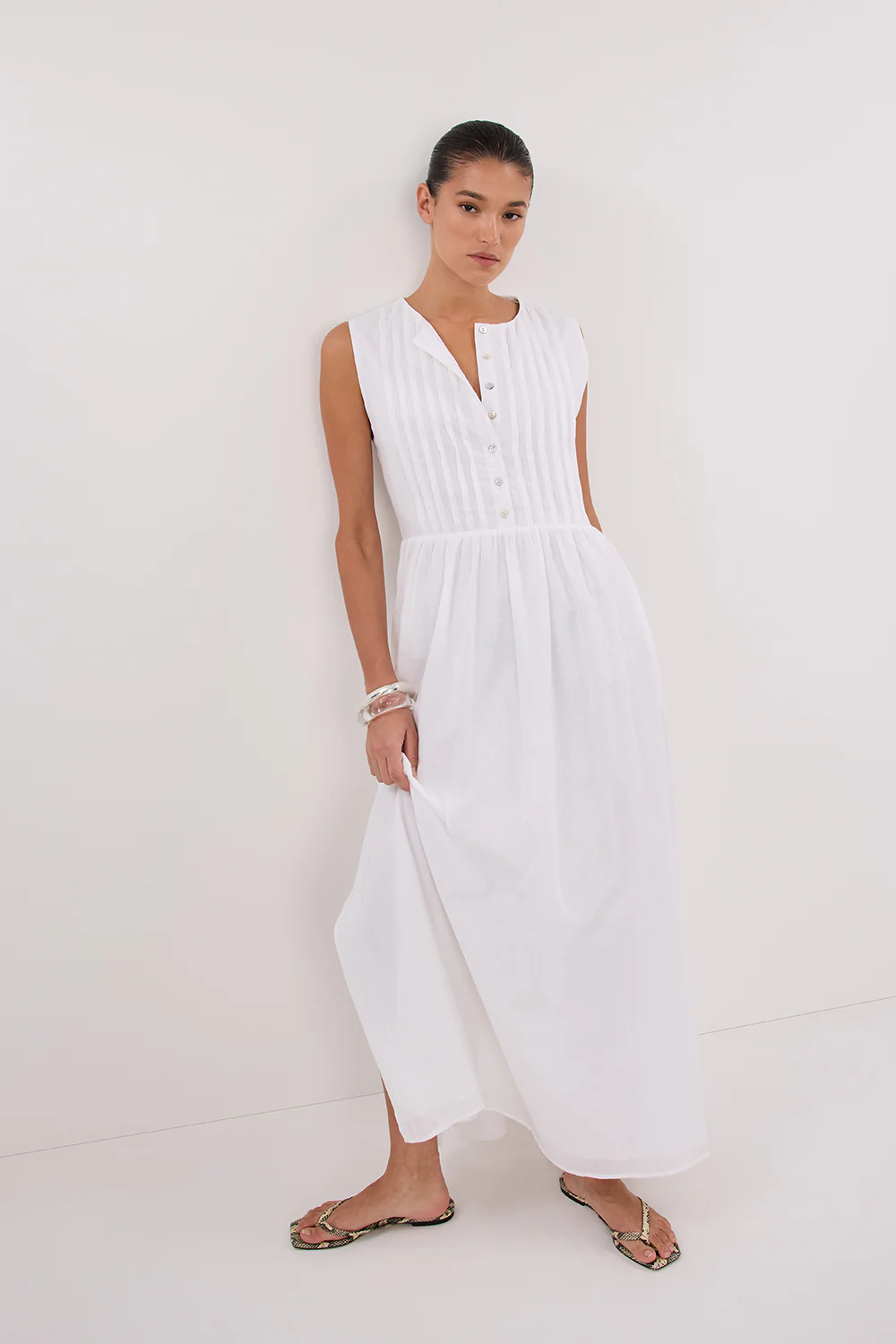LARS WHITE PINTUCK LINEN MIDI DRESS - Gamepaces