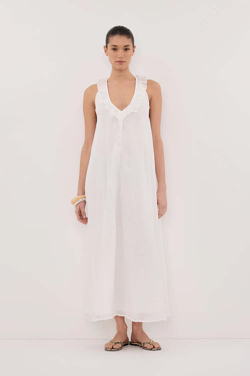 HAZEL WHITE RAMIE SLEEVELESS MIDI DRESS - Gamepaces