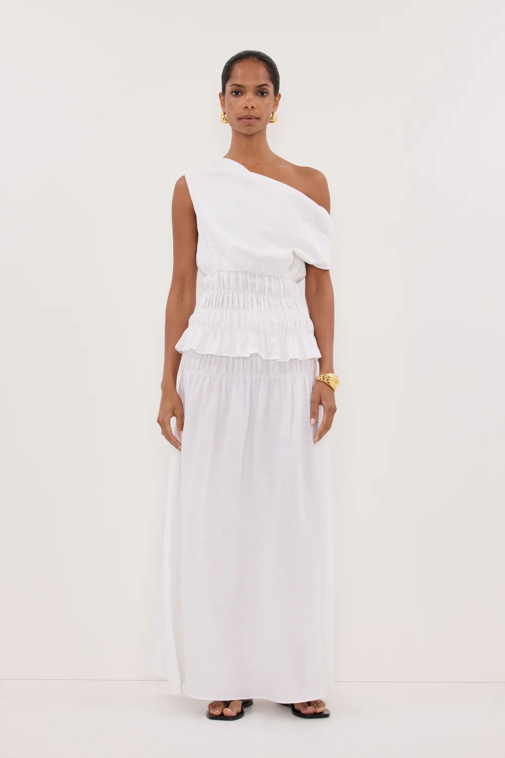 MAIA WHITE SLEEVELESS LINEN SHIRRED TOP - Gamepaces
