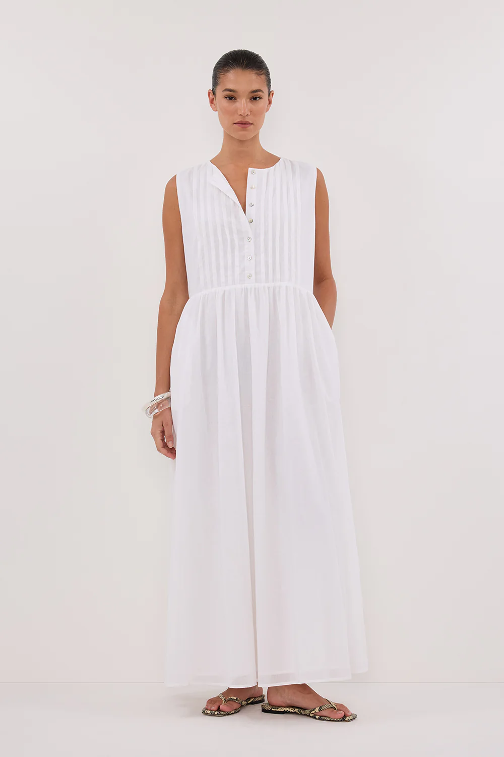 LARS WHITE PINTUCK LINEN MIDI DRESS - Gamepaces