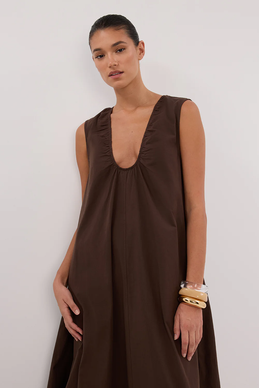 GABBY BITTER CHOC OVERSIZED COTTON MIDI DRESS - Gamepaces