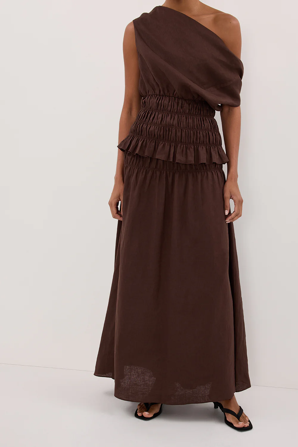 MAIA COCOA LINEN SHIRRED MIDI SKIRT - Gamepaces