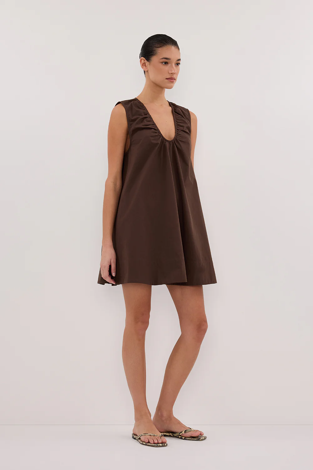 GABBY BITTER CHOC OVERSIZED COTTON MINI DRESS - Gamepaces