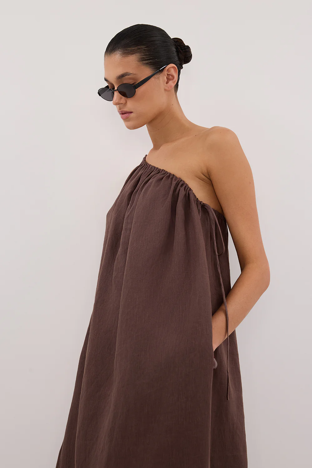 ALMA BITTER CHOC ASYM LINEN MIDI DRESS - Gamepaces