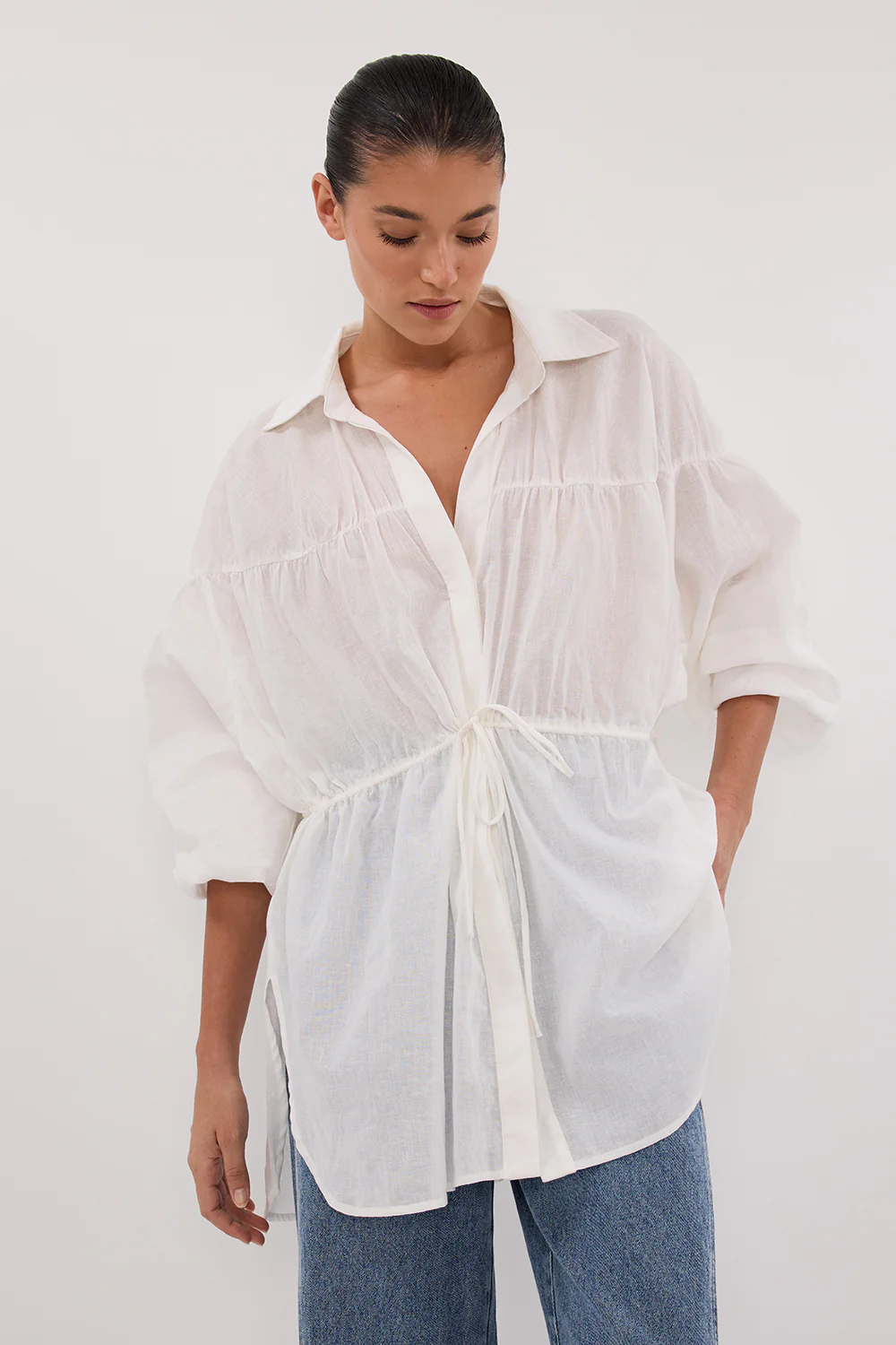 FLOYCE WHITE LINEN LONG SLEEVE TOP - Gamepaces