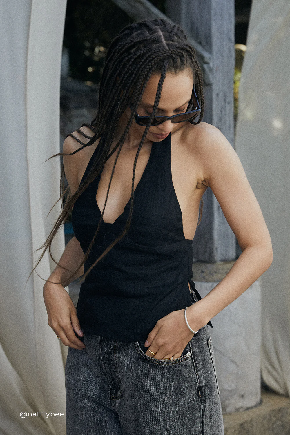 AUDREY BLACK LINEN HALTER TOP - Gamepaces