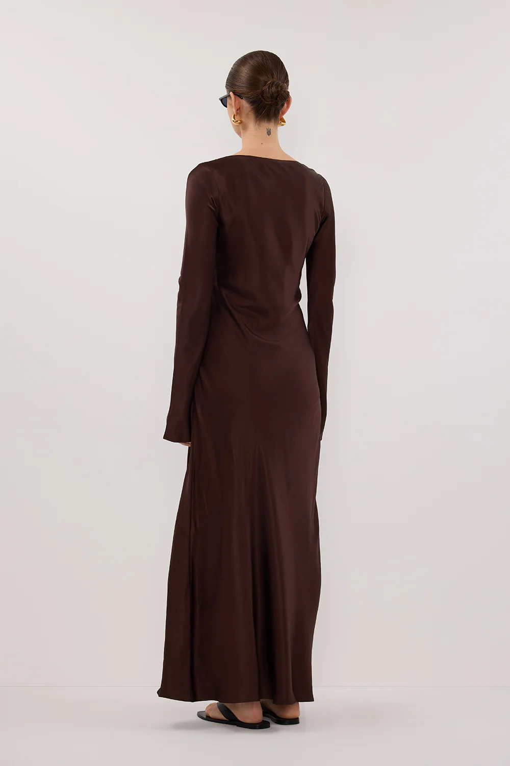 ELOISE BITTER CHOC LONG SLEEVE SATIN MIDI DRESS - Gamepaces