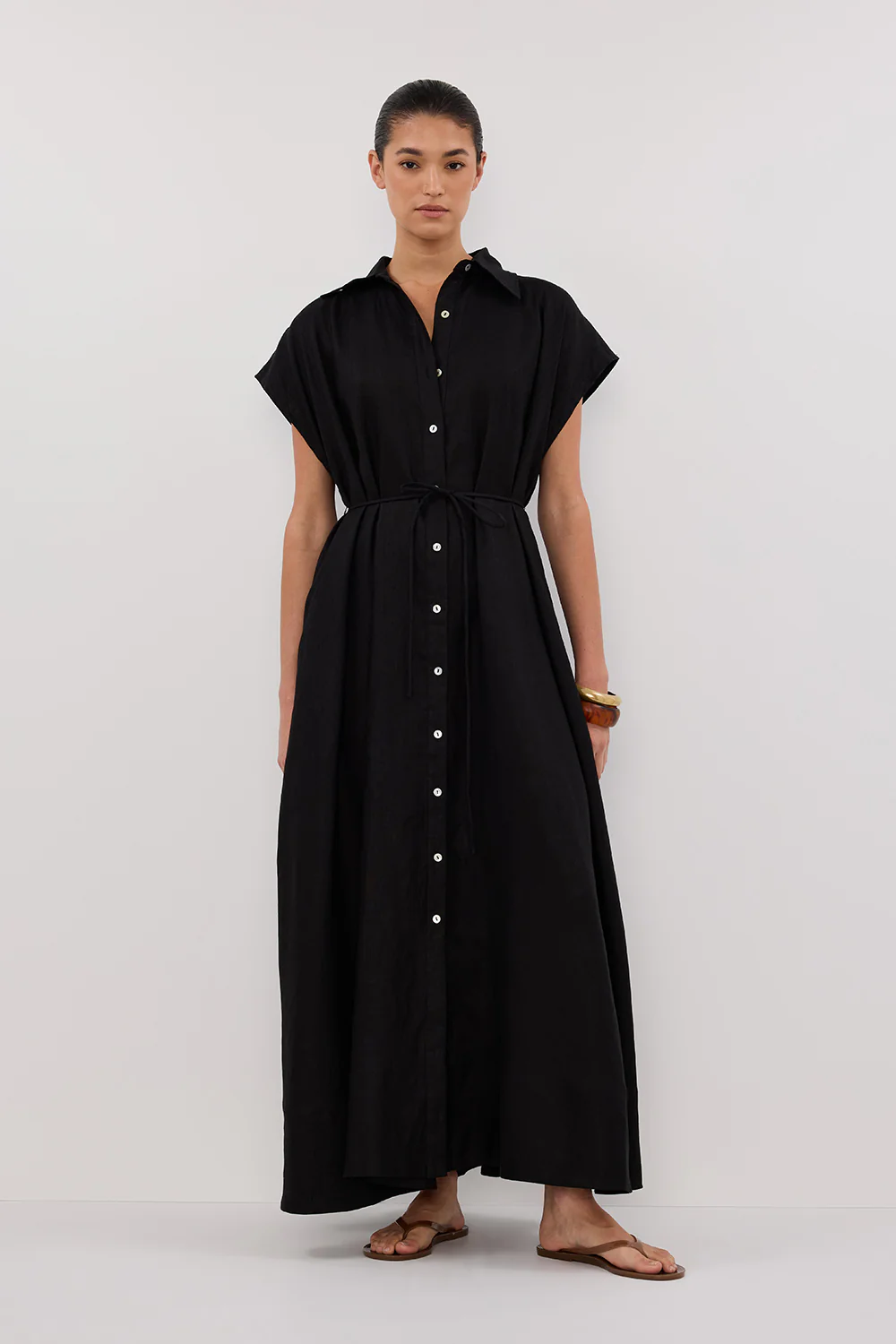 LANA BLACK LINEN MIDI SHIRT DRESS - Gamepaces