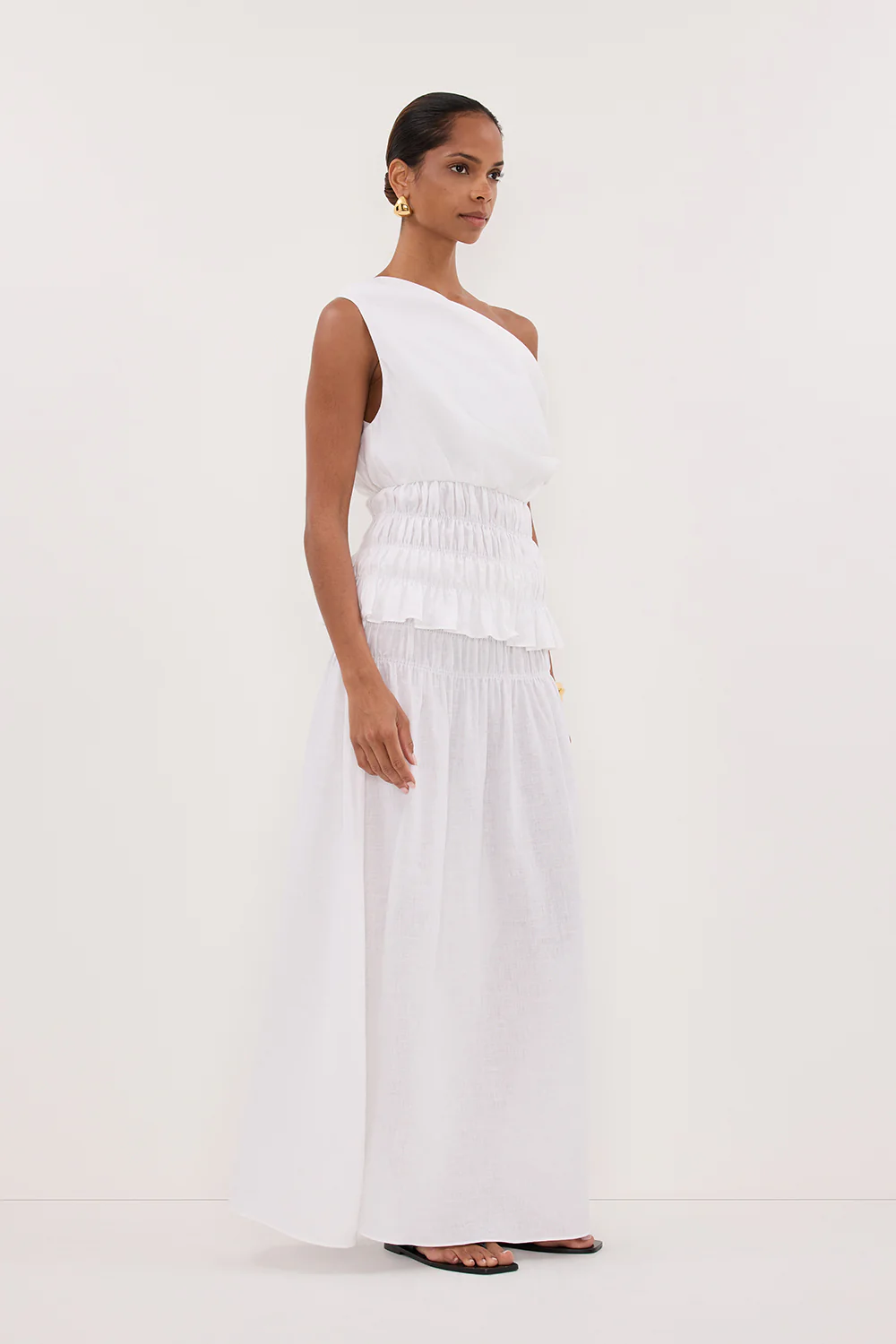 MAIA WHITE SLEEVELESS LINEN SHIRRED TOP - Gamepaces