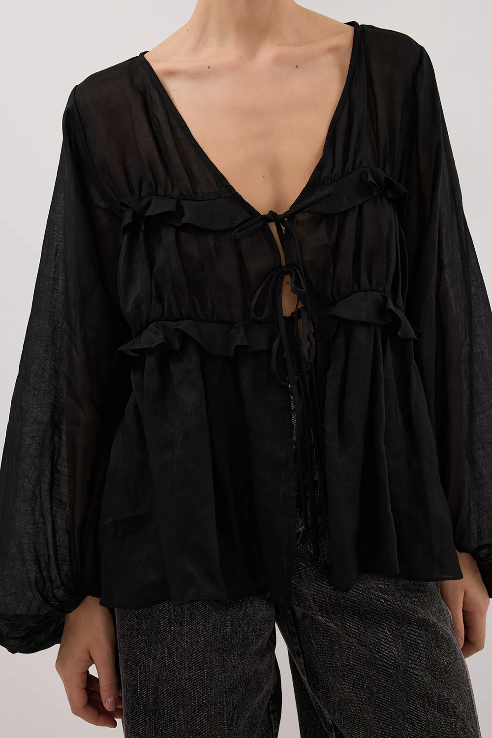 MILA BLACK RAMIE LONG SLEEVE FRILL TOP - Gamepaces