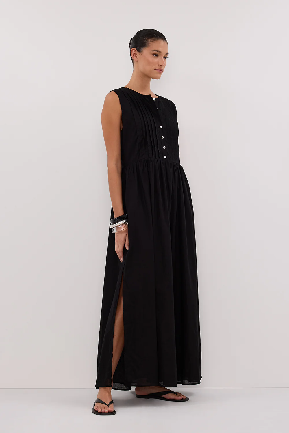 LARS BLACK PINTUCK LINEN MIDI DRESS - Gamepaces