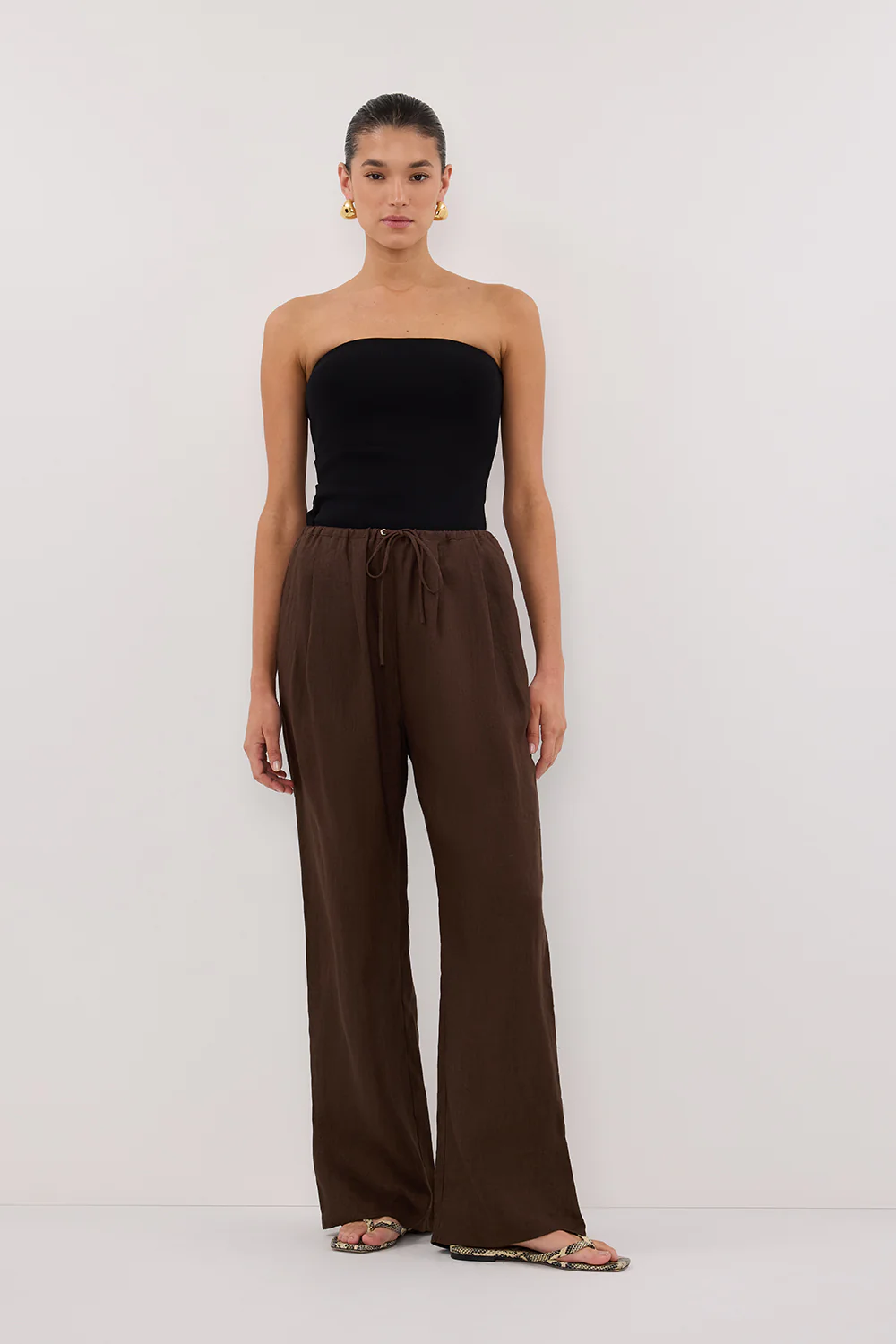 CARLA BITTER CHOC DRAWSTRING LINEN PANT - Gamepaces