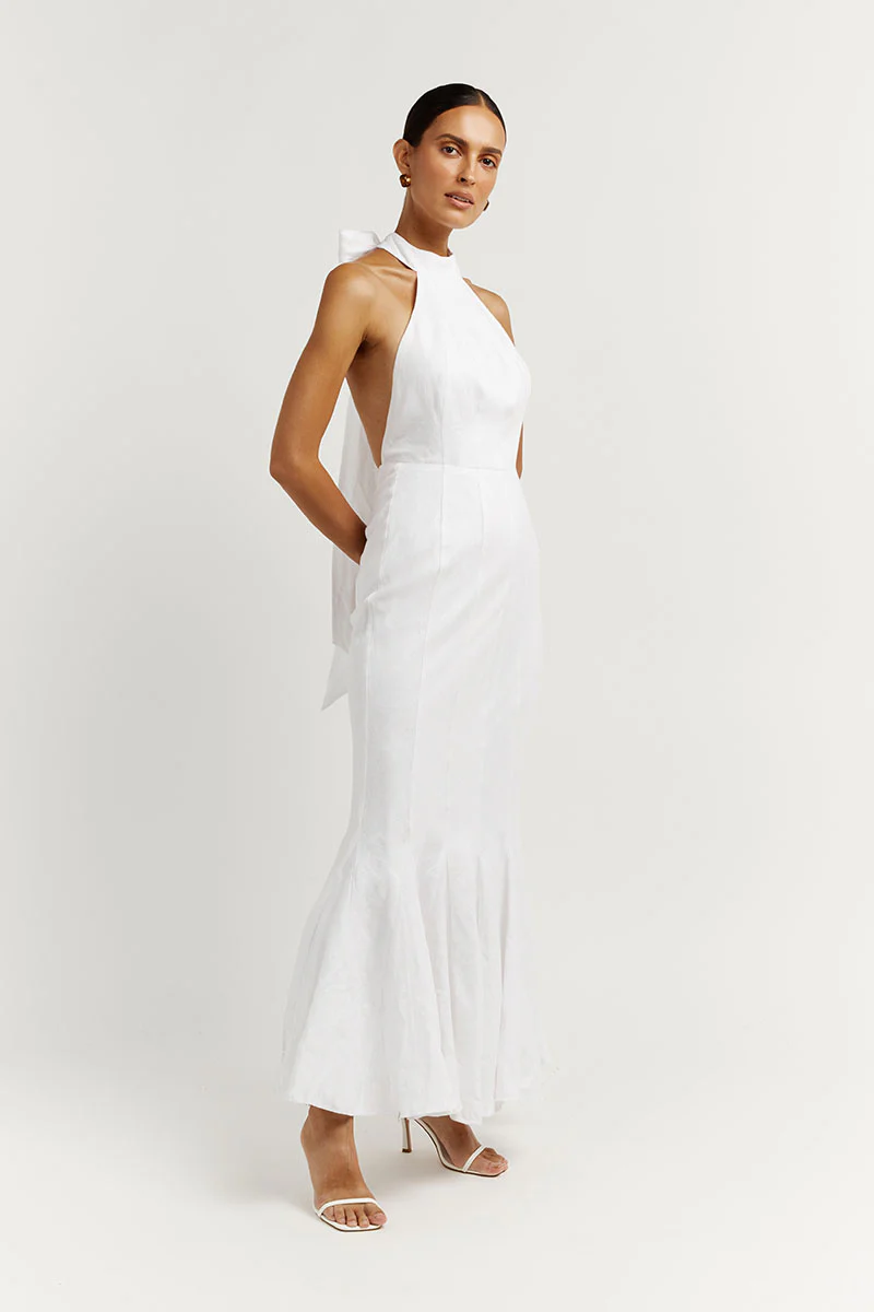 AISLE WHITE LINEN HIGH NECK DRESS - Gamepaces
