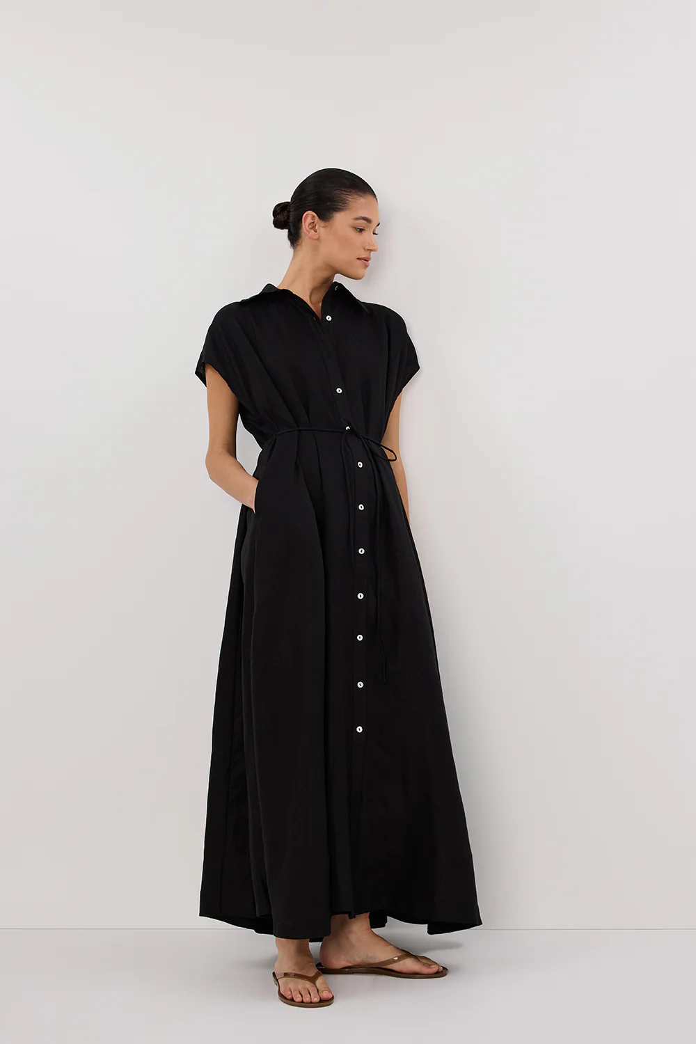 LANA BLACK LINEN MIDI SHIRT DRESS - Gamepaces