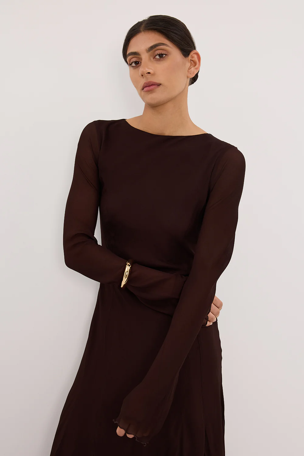 ELODIE DARK CHOC LONG SLEEVE MAXI DRESS - Gamepaces