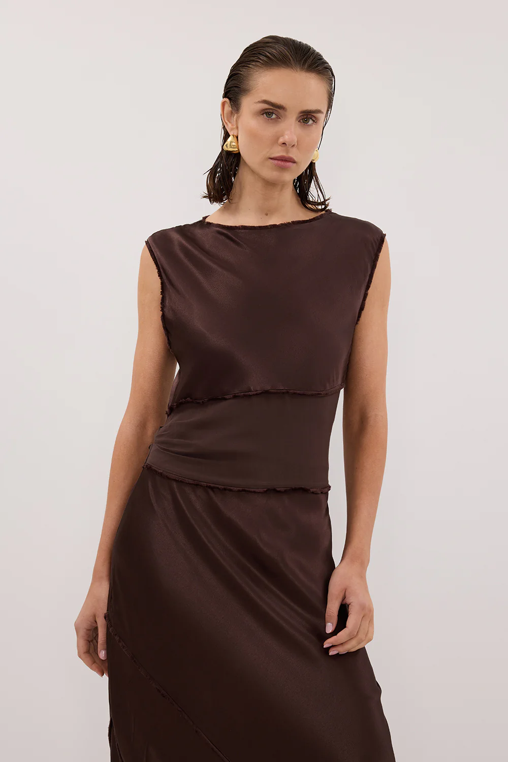 MONICA BITTER CHOCOLATE SATIN MIDI DRESS - Gamepaces