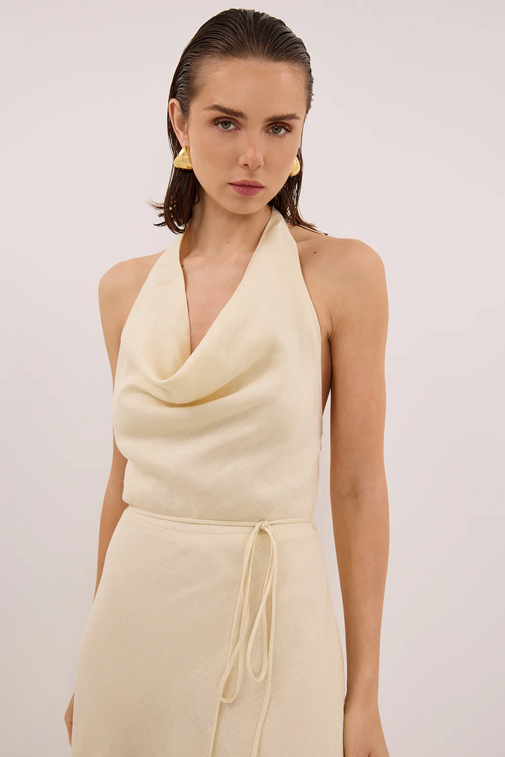 HAYLEE STRAW SLEEVELESS LINEN COWL DRESS - Gamepaces